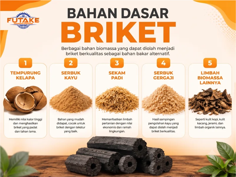 Berbagai bahan baku untuk membuat briket seperti tempurung kelapa, serbuk kayu, dan sekam padi