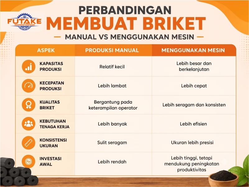 Perbandingan proses pembuatan briket secara manual dan menggunakan mesin