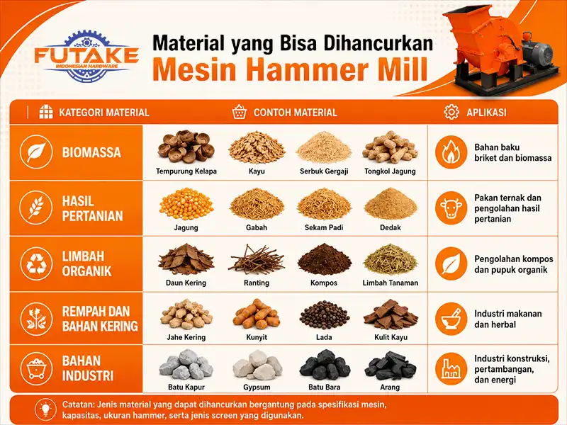 Infografis berbagai material yang dapat digiling menggunakan mesin Hammer Mill, seperti biomassa, hasil pertanian, dan limbah organik.
