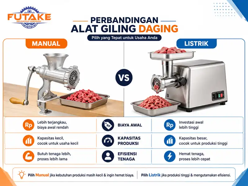 Perbandingan mesin giling daging manual dan listrik untuk usaha