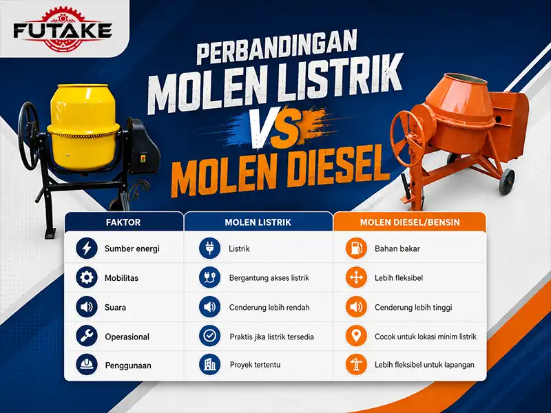 Perbandingan mesin molen listrik dan molen diesel untuk proyek konstruksi
