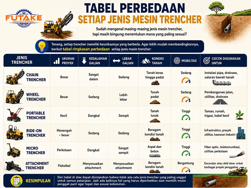 tabel infografis perbedaan setiap jenis mesin penggali tanah (trencher) lengkap